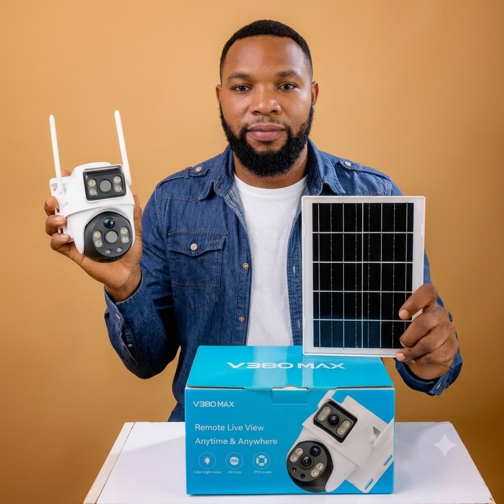 V380 Max Solar-Powered WiFi PTZ Camera – Dual Antenna, Color Night Vision & Remote Live View | Onitsha, Anambra